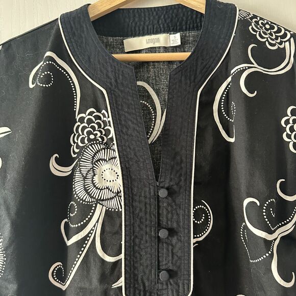 Vintage I. Magnin Womens Floral Tunic Top Button Placket Cap Sleeve Black Small - Picture 4 of 7